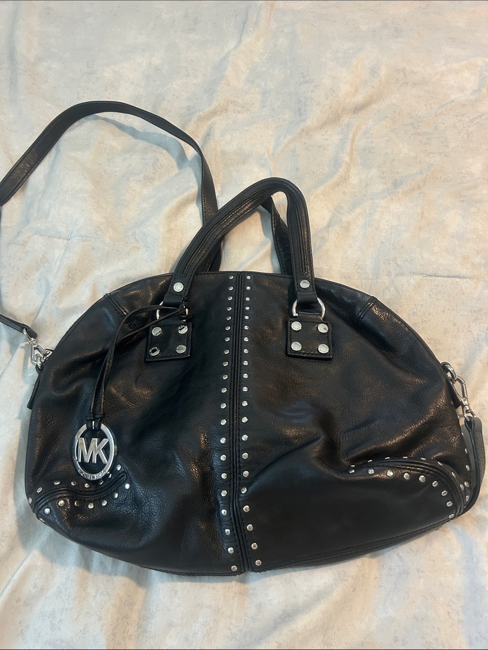MICHAEL Michael Kors Black Leather Studded Tote with Logo Charm